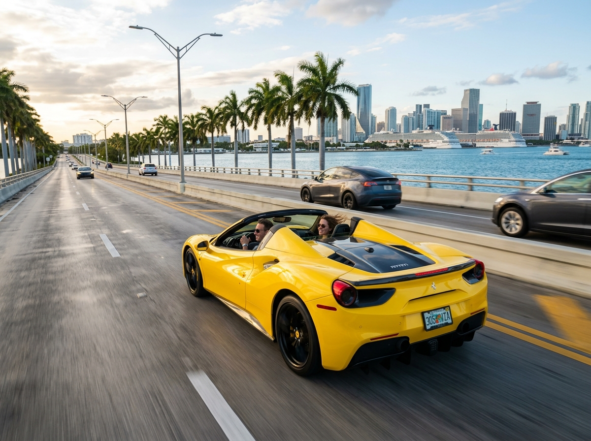 2020 Ferrari 488 Spider yellow convertible with top down on Venetian Causeway Miami — open-air exotic driving lifestyle