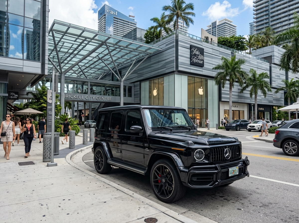 2024 Mercedes-Benz G63 AMG Obsidian Black parked at Brickell City Centre Miami — imposing luxury SUV street presence