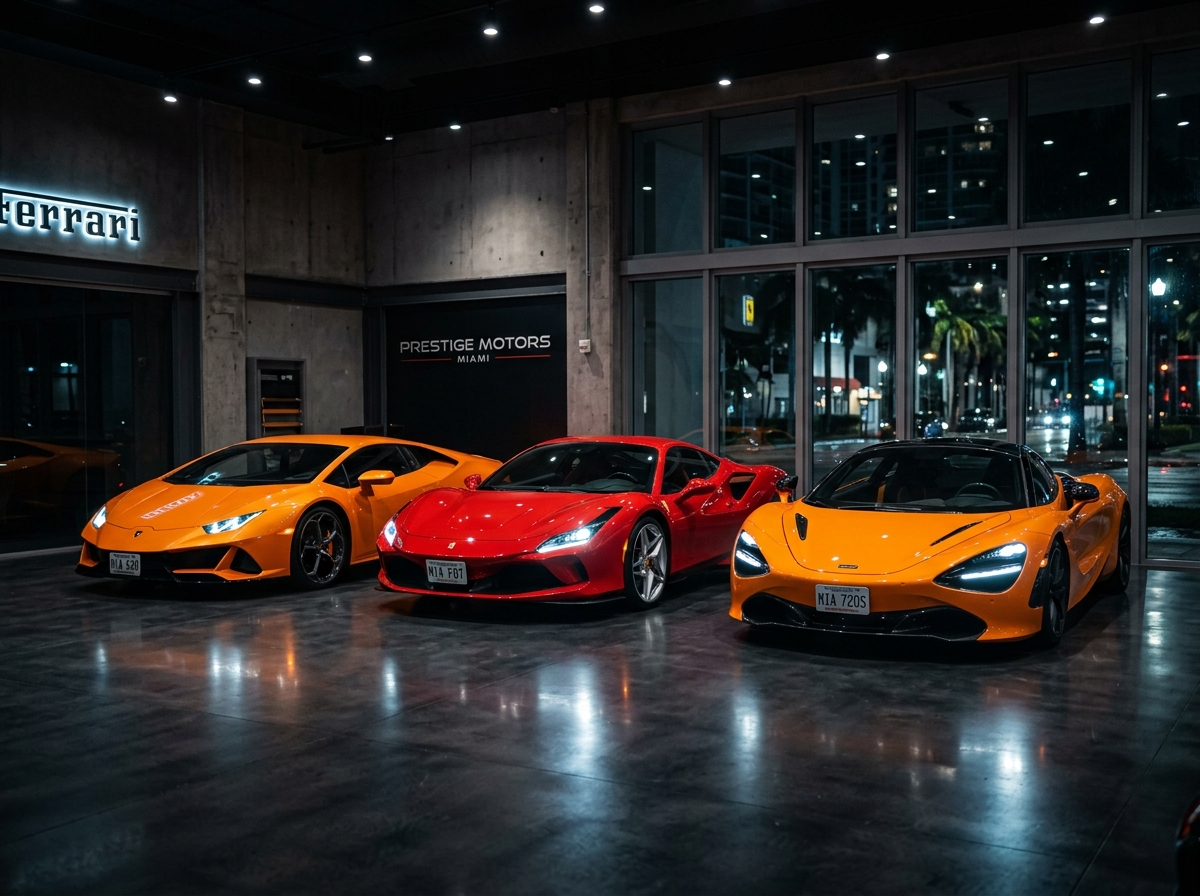 Lamborghini Huracan Ferrari F8 McLaren 720S row of exotic supercars in Miami garage showroom — dramatic low lighting
