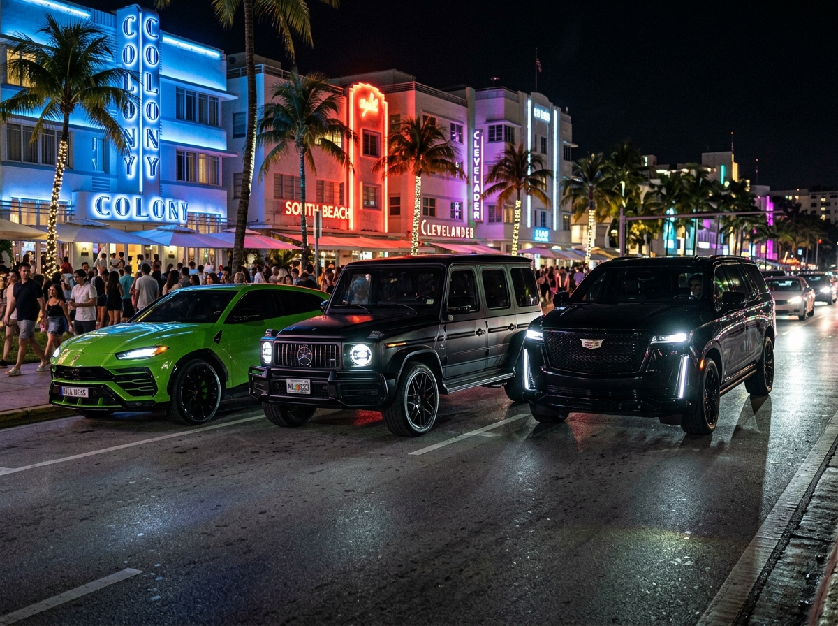 Lamborghini Urus SE Mercedes G63 AMG Cadillac Escalade ESV lineup performance SUV fleet Miami street night