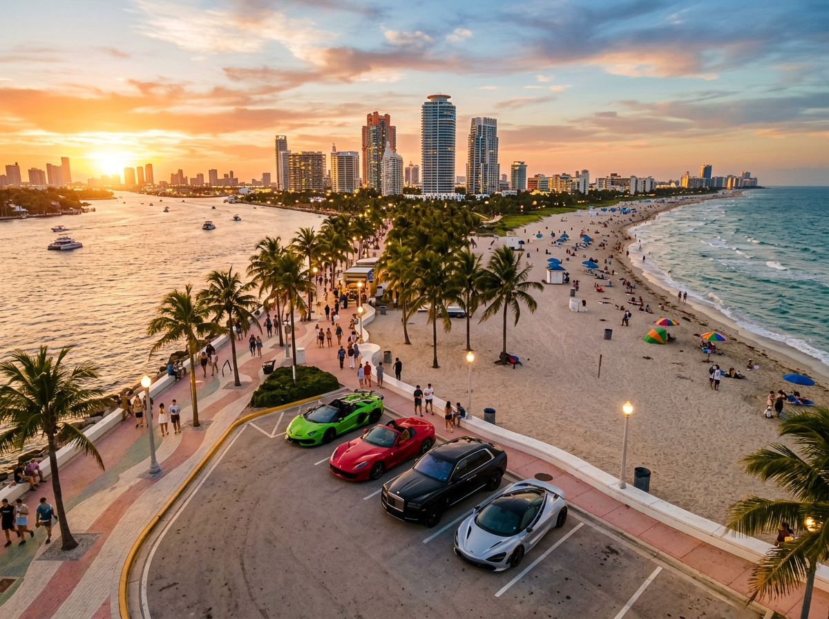 Row of luxury exotic vehicles Lamborghini Ferrari Rolls-Royce parked on Miami Beach waterfront at golden hour — dramatic wide angle aerial shot